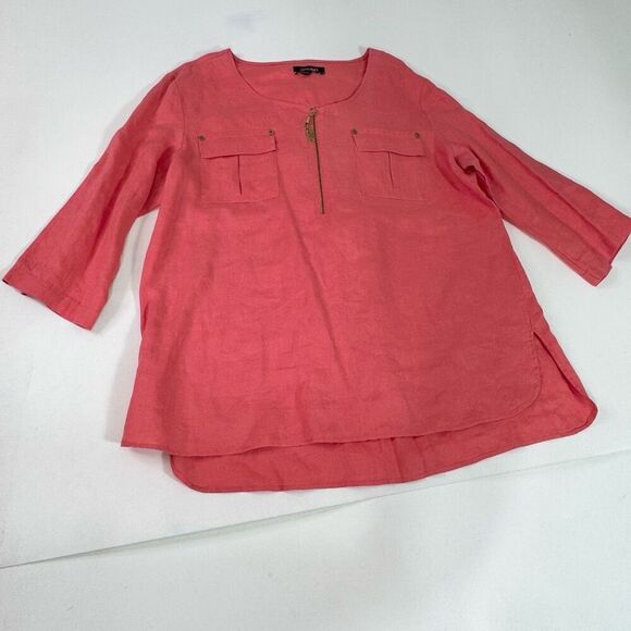 Ellen Tracy Blouse Womens XL Pink Linen 3/4 Sleeve Scoop Neck Tunic Beachy - Picture 1 of 10